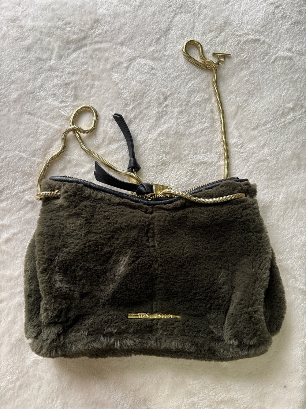 Steve Madden Olive Faux Fur Crossbody with Gold Chain